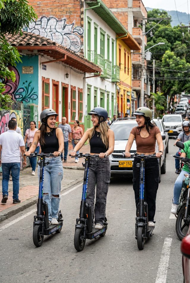 Skuter2Go-Nutzer auf geteilten Scootern in Medellín, Kolumbien
