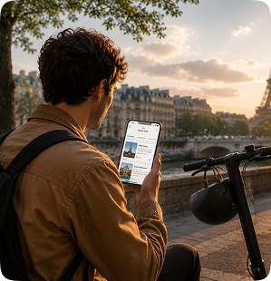 Rider beside his e-scooter on a Paris riverside, reading a list of nearby landmarks on his phone