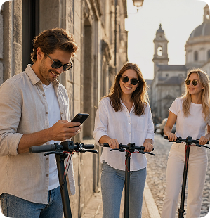 Three friends on e-scooters in a sunlit street, one unlocking the group's ride on his phone