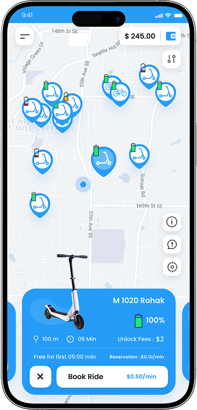 Blue theme white-label rider app mockup