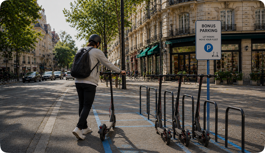Rider parking a scooter in a marked preferred parking zone