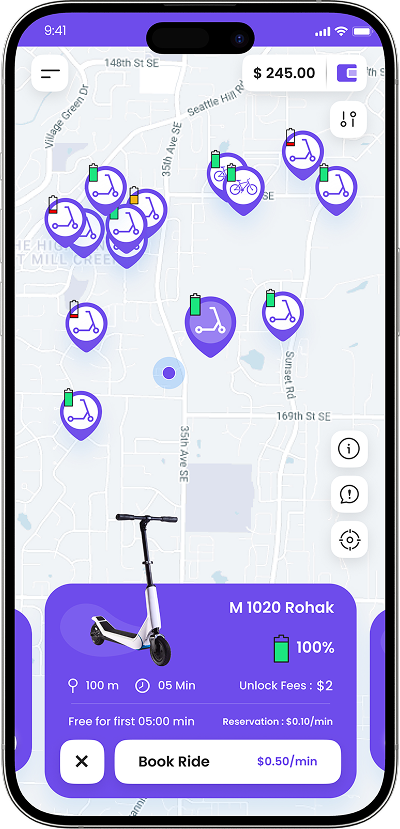 Purple theme white-label rider app mockup