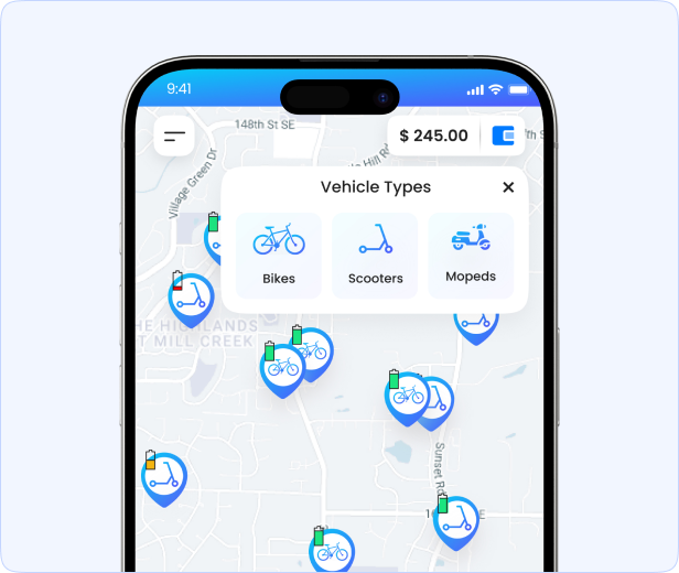Schermata dell'app utente EazyRide con la mappa dei veicoli in tempo reale